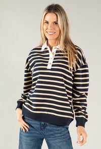 Stripe Gold Button Polo Sweatshirt