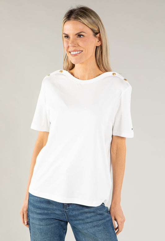 Boat Neck Button Shoulder T-Shirt