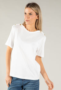 Boat Neck Button Shoulder T-Shirt