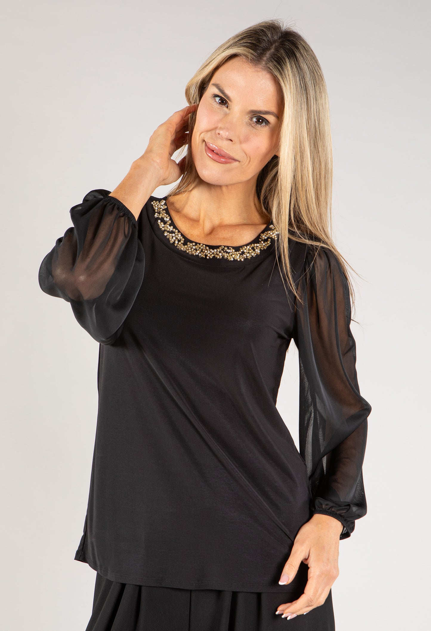 Mesh Sleeve Diamante Top