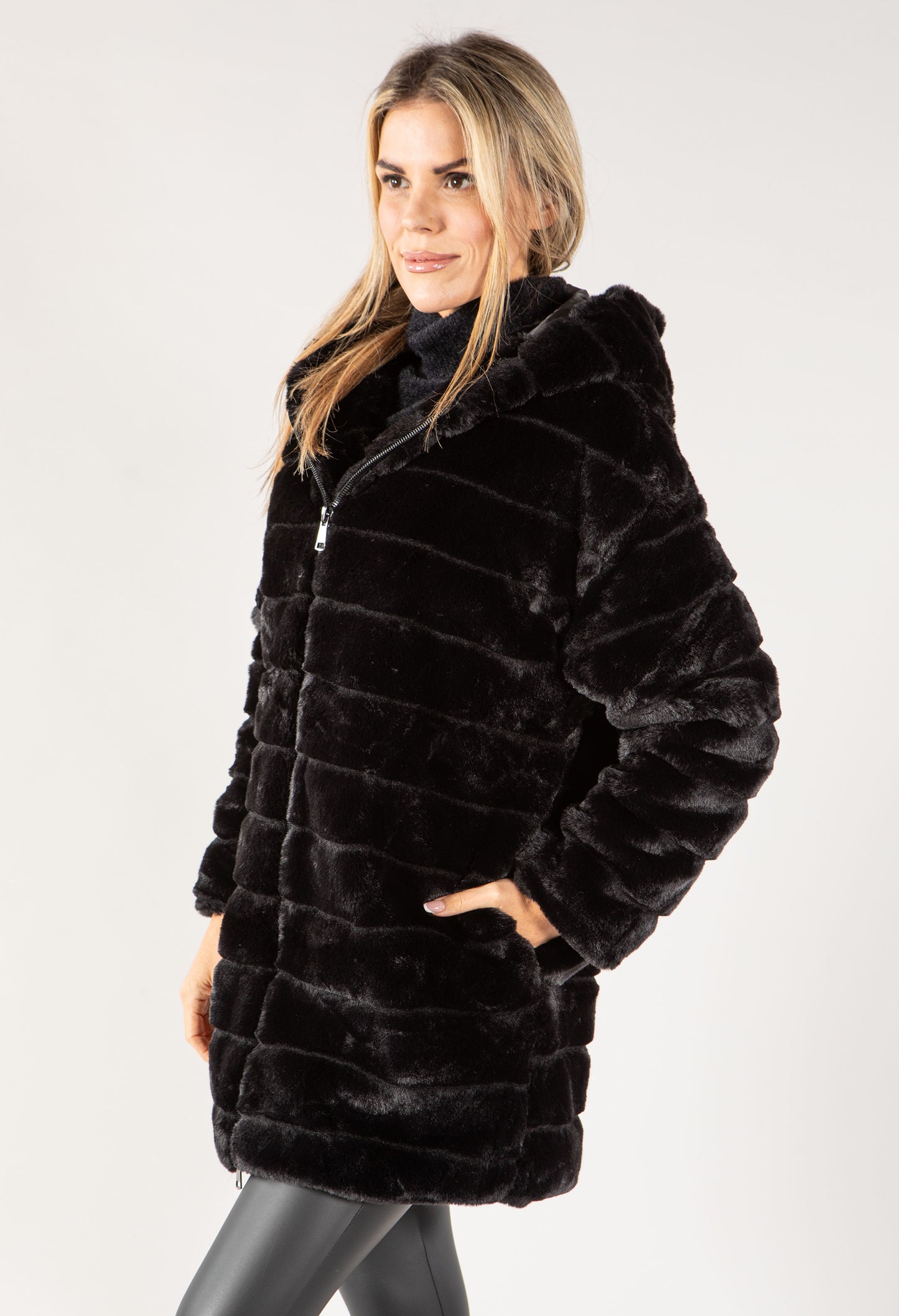 Longline Hooded Faux Fur Coat