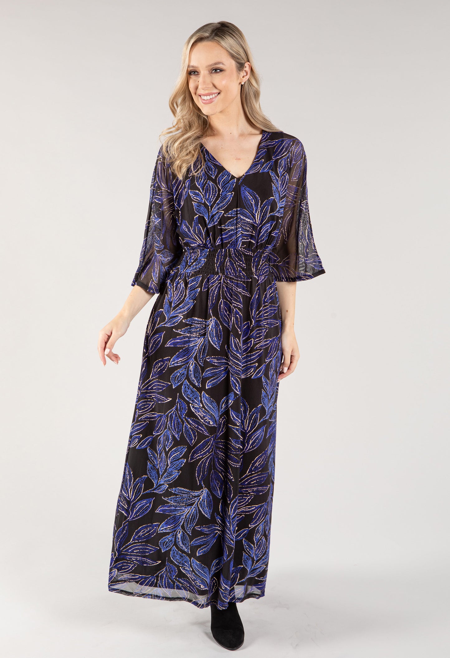 Leaf Print V Neckline Maxi Dress