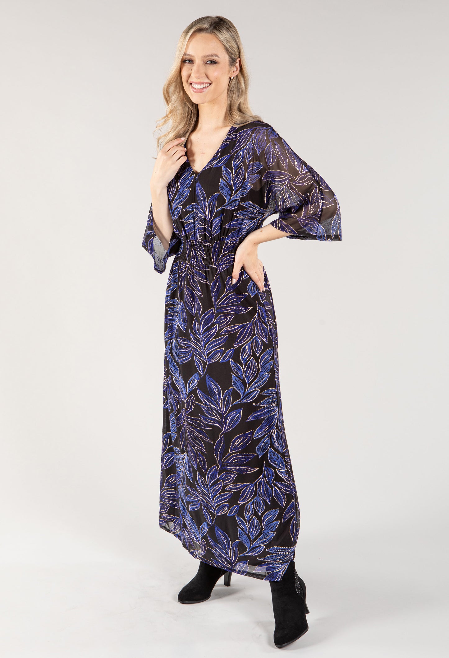 Leaf Print V Neckline Maxi Dress