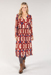 Abstract Print Long Sleeve Plisse Pop Over Dress