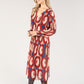 Abstract Print Long Sleeve Plisse Pop Over Dress