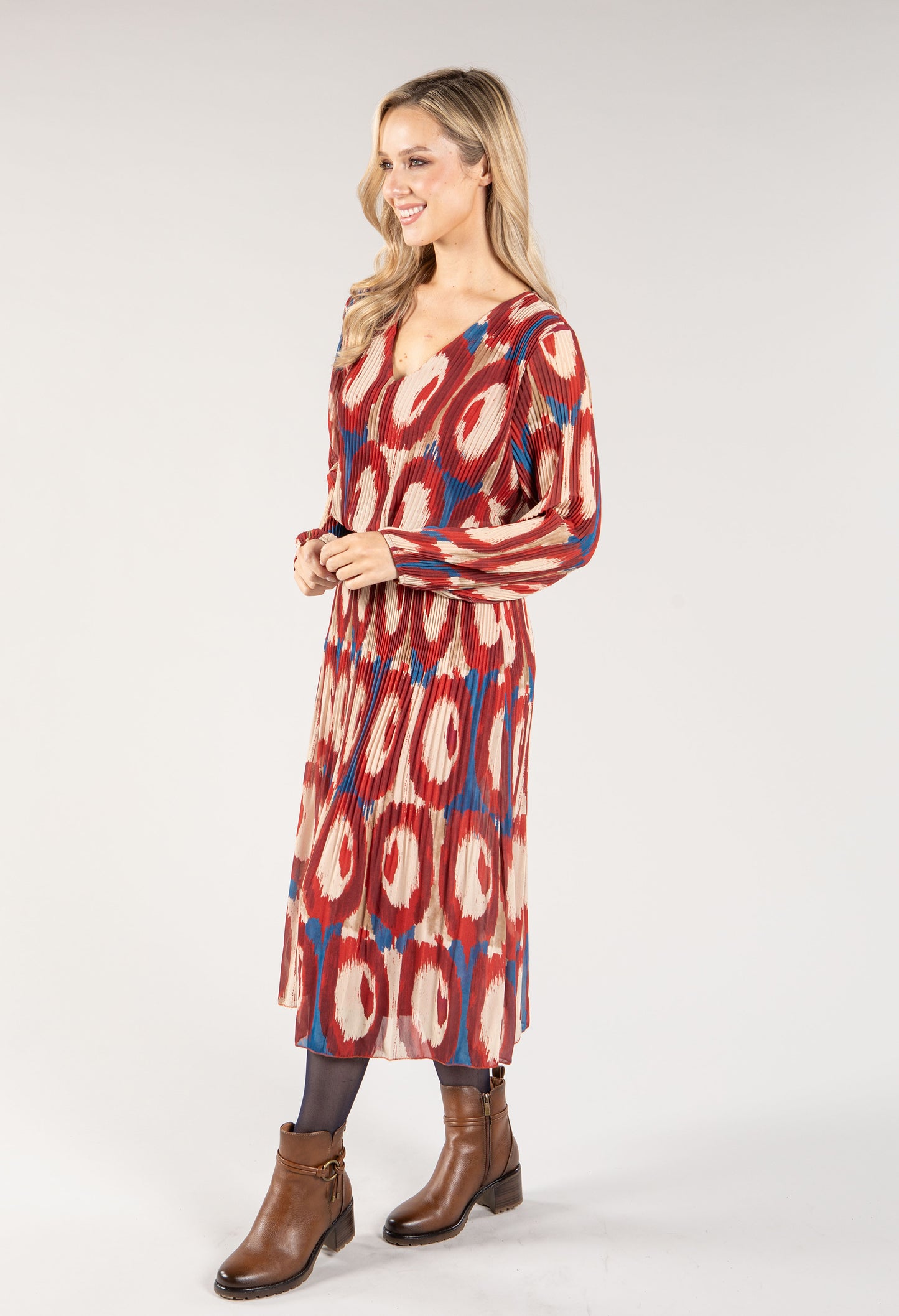 Abstract Print Long Sleeve Plisse Pop Over Dress