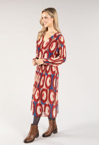 Abstract Print Long Sleeve Plisse Pop Over Dress