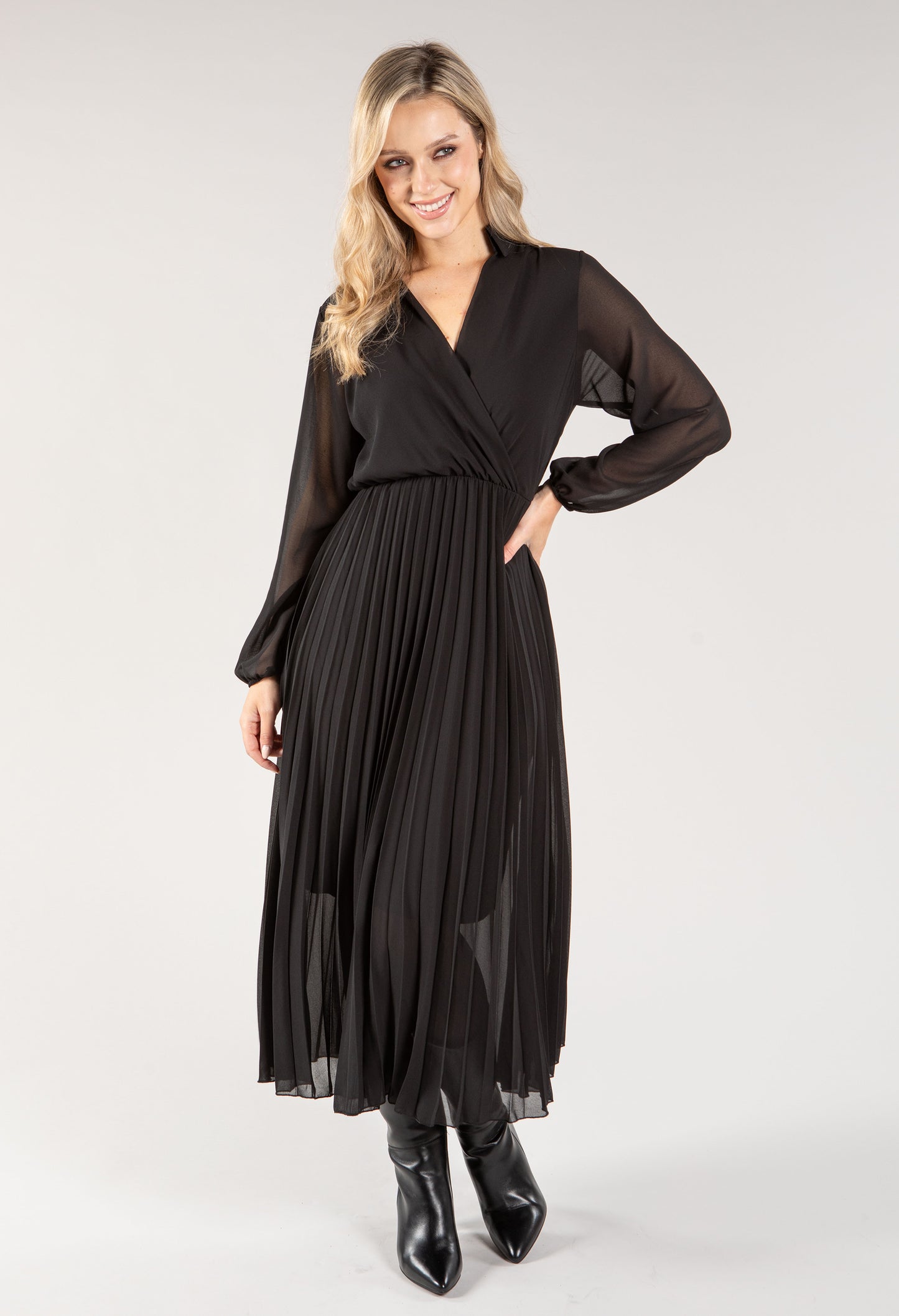 Wrap Bodice Pleated Dress