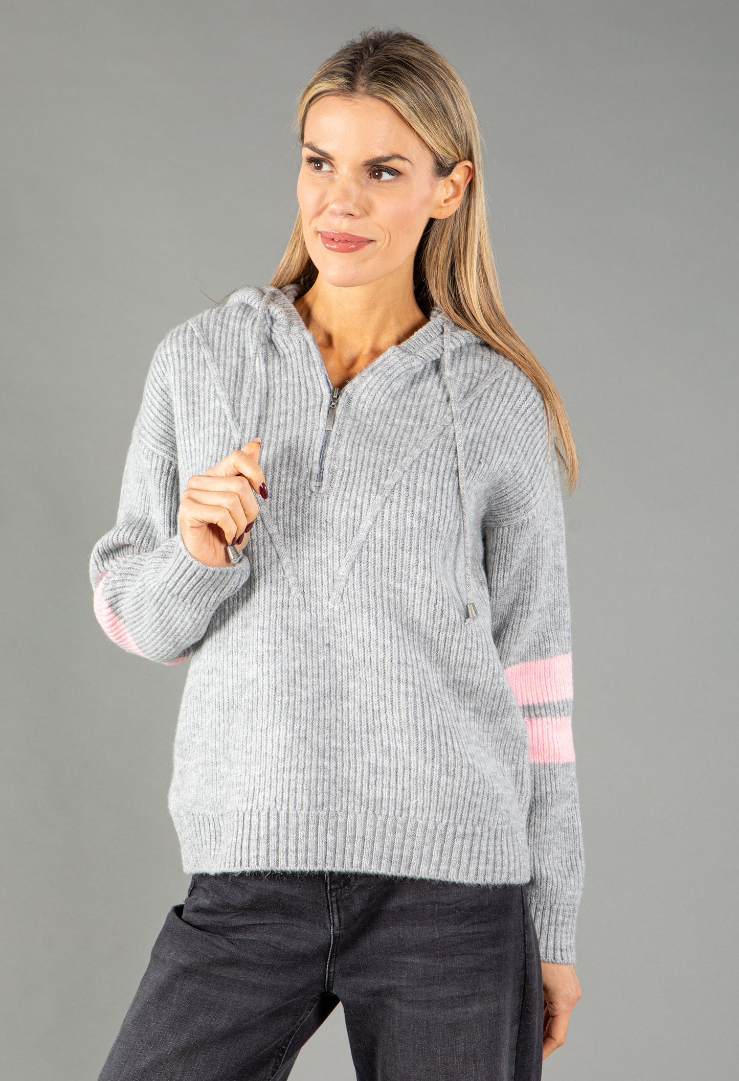 Stripe Sleeve Knit Half Zip Hoodie