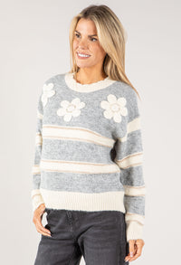 Embroidered Floral Striped Knit Jumper