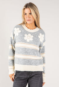 Embroidered Floral Striped Knit Jumper