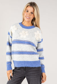 Embroidered Floral Striped Knit Jumper