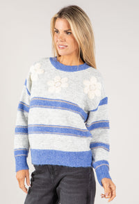 Embroidered Floral Striped Knit Jumper