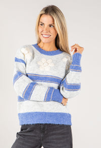 Embroidered Floral Striped Knit Jumper