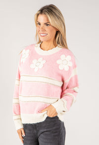 Embroidered Floral Striped Knit Jumper