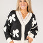 Embroidered Bow Buttoned Cardigan with Contrast Hem