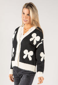 Embroidered Bow Buttoned Cardigan with Contrast Hem