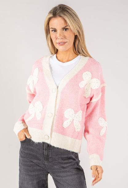 Embroidered Bow Buttoned Cardigan with Contrast Hem