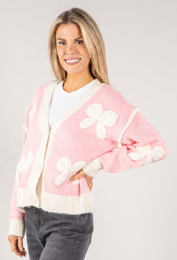 Embroidered Bow Buttoned Cardigan with Contrast Hem