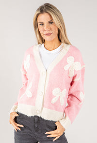 Embroidered Bow Buttoned Cardigan with Contrast Hem