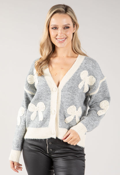 Embroidered Bow Buttoned Cardigan with Contrast Hem