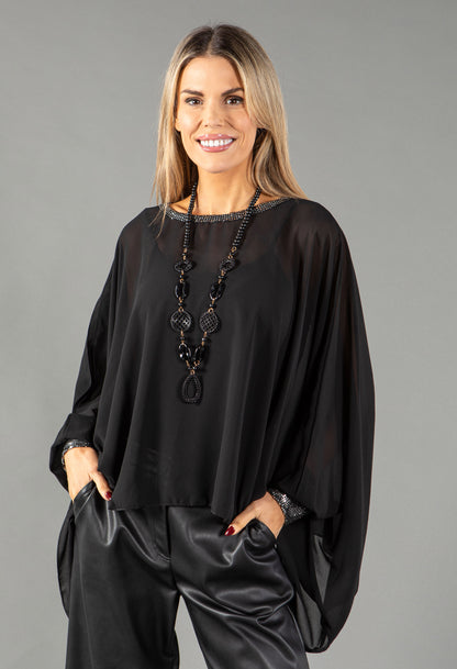 Sheer Sequin Trim Top with Necklace