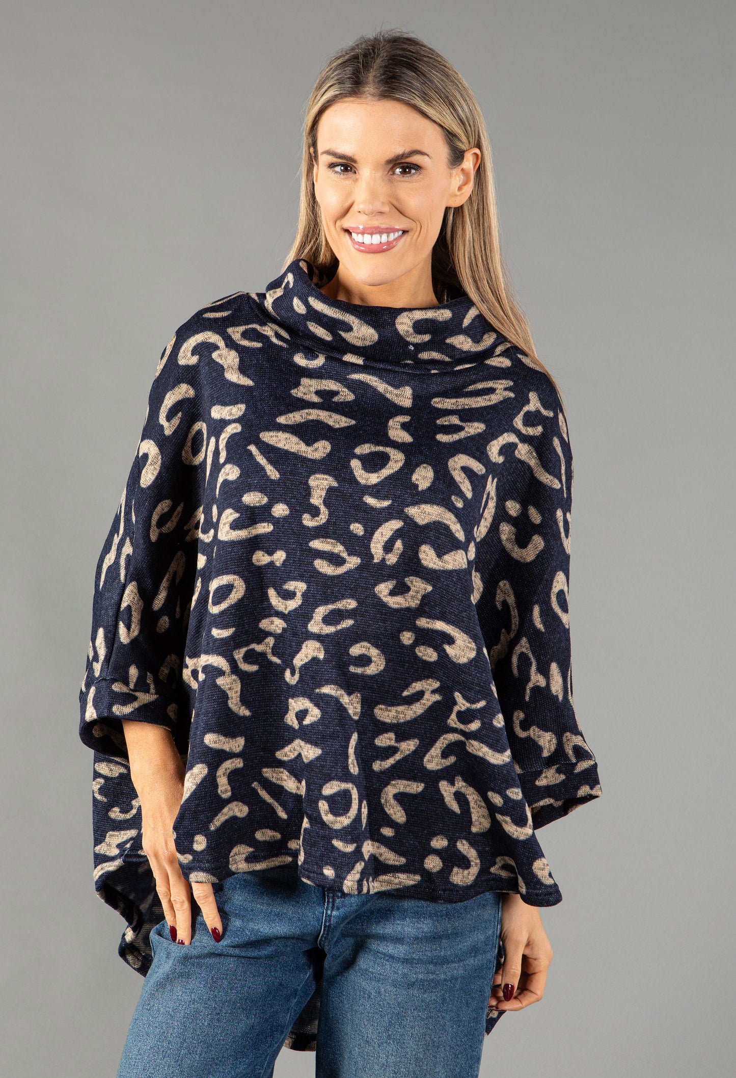 Leopard Batwing Sleeve Roll Neck Jumper