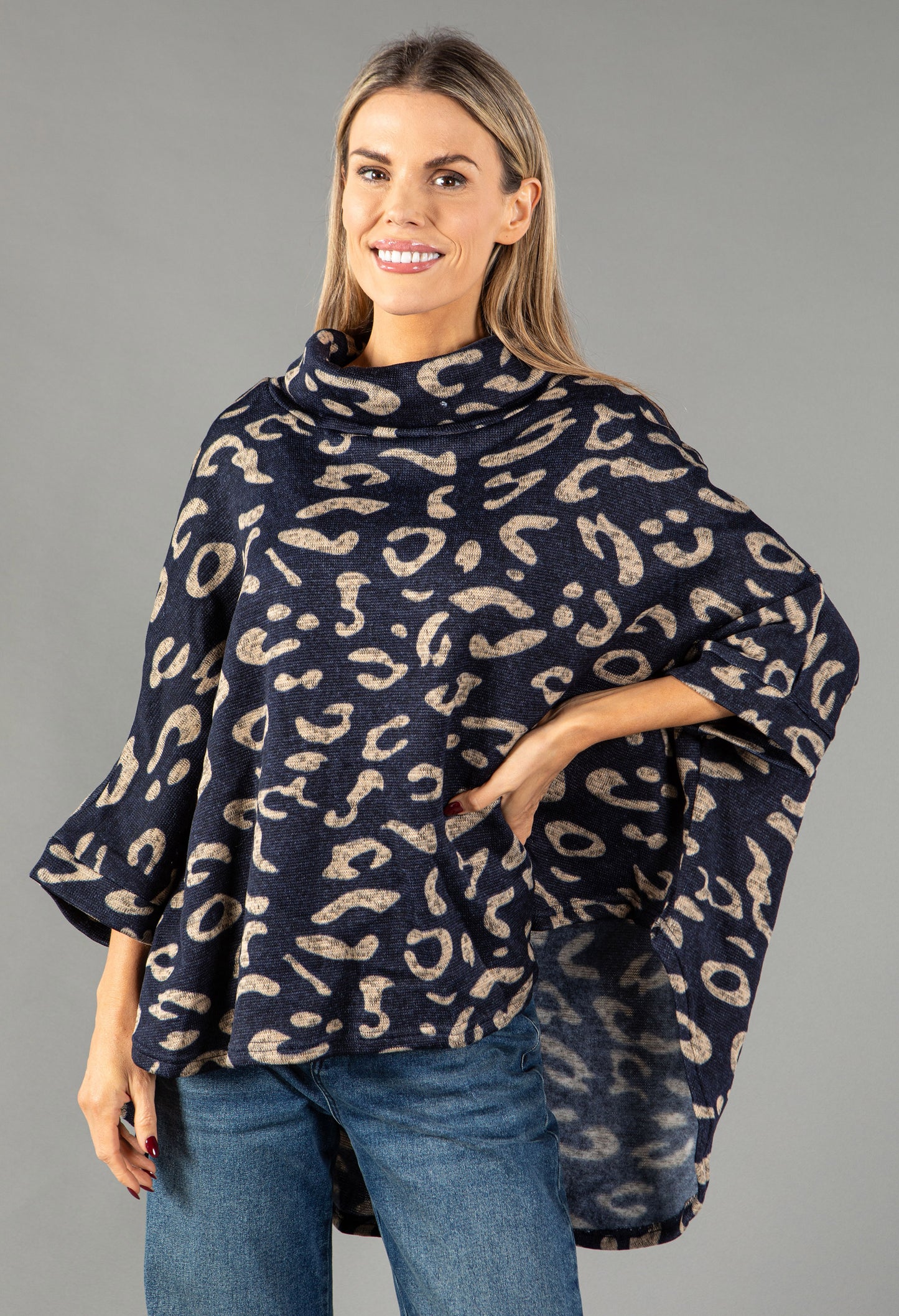 Leopard Batwing Sleeve Roll Neck Jumper