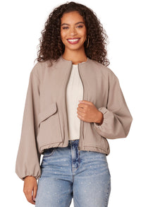 Long Sleeve Zip Front Cropped Bomber Jacket with Dual Entry Pockets