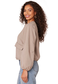 Long Sleeve Zip Front Cropped Bomber Jacket with Dual Entry Pockets