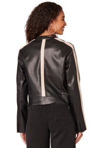 Long Sleeve Zip Front High Round Neck Biker Jacket with Welt Pockets