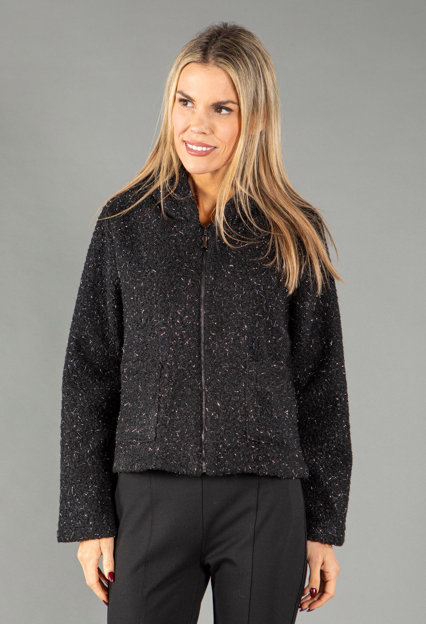 Foiling Detail Zip Up Boucle Jacket