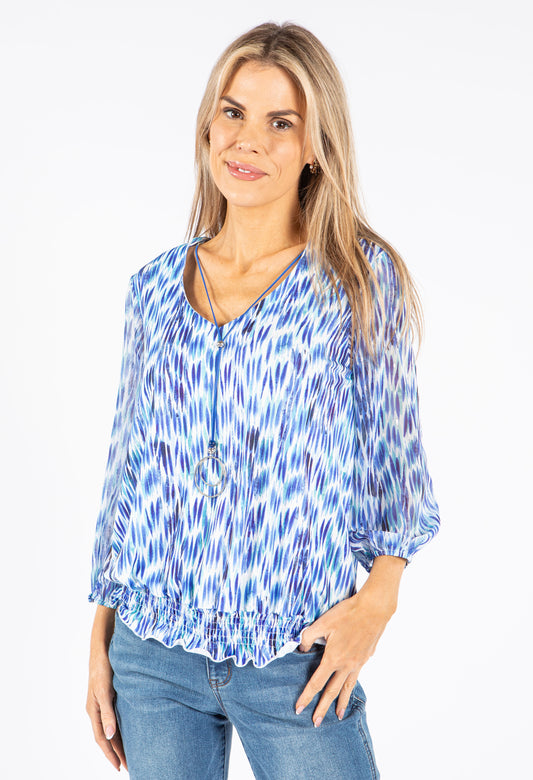 Abstract V-Neck Blouse With Necklace