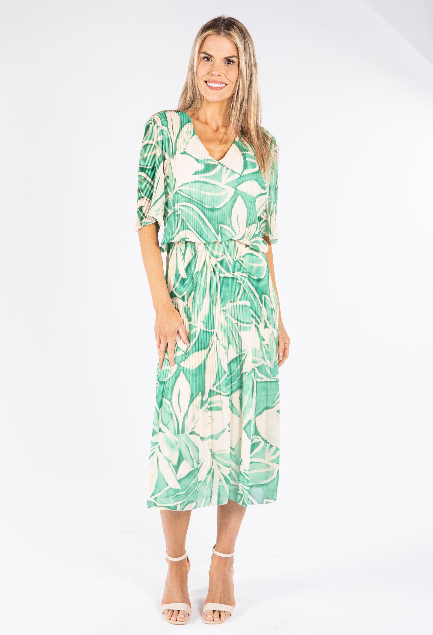 Leaf Print Plisse Pop Over Dress