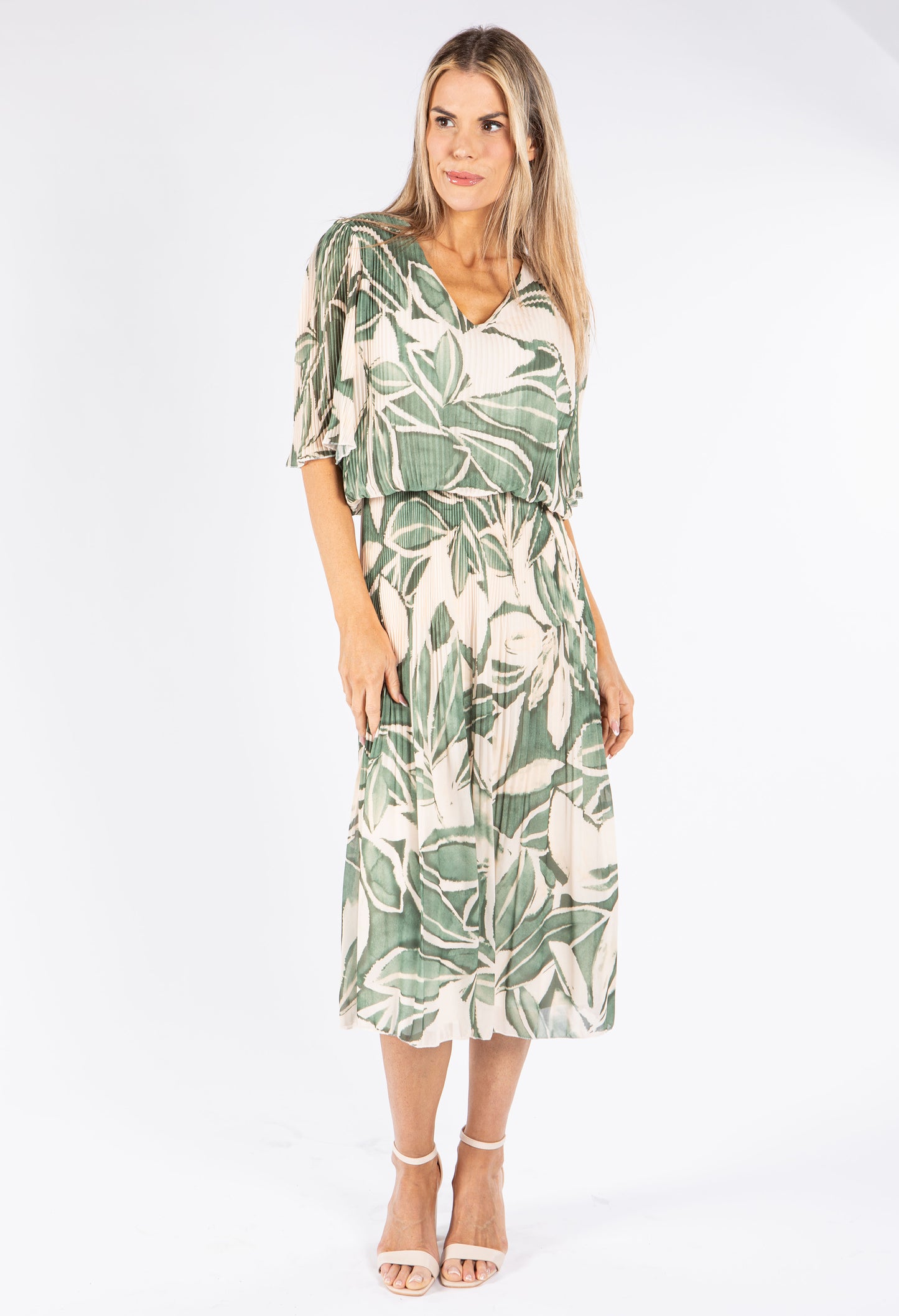 Leaf Print Plisse Pop Over Dress