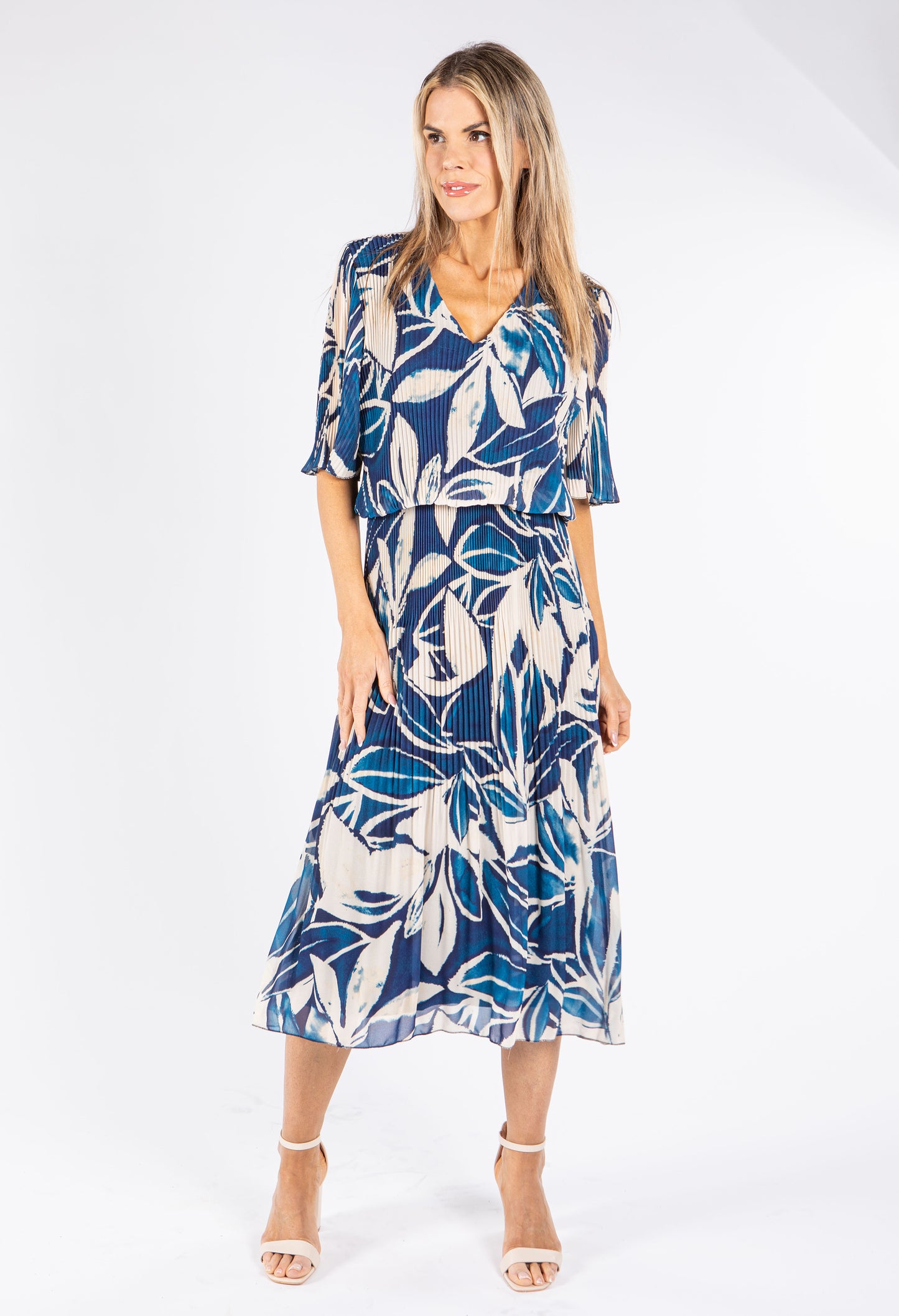 Leaf Print Plisse Pop Over Dress