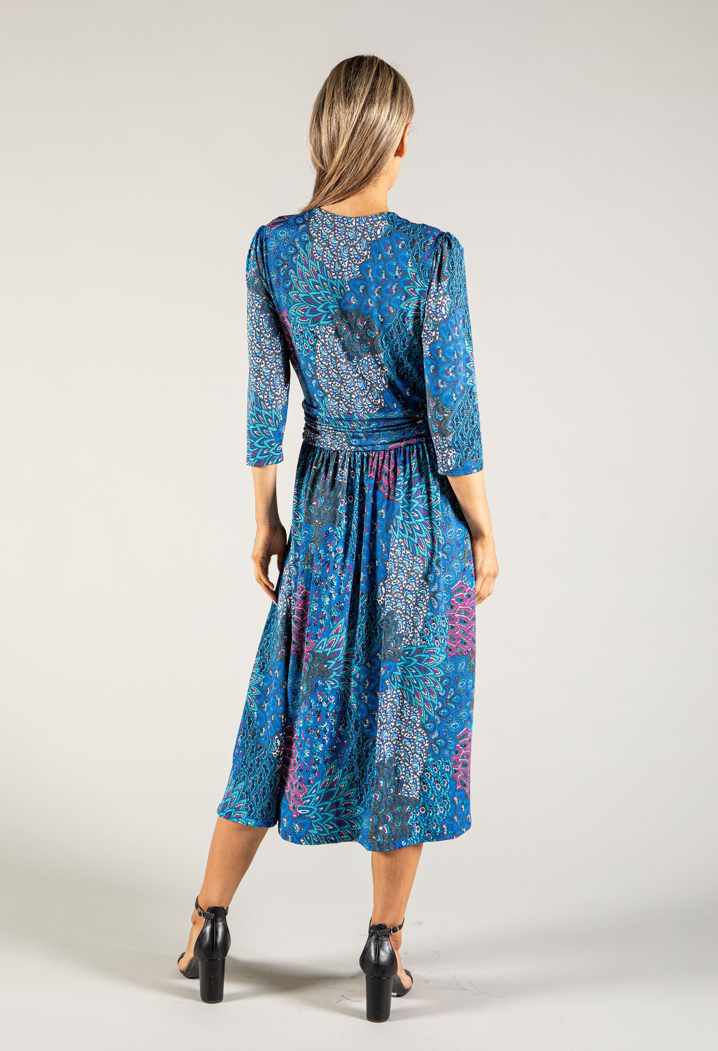 Peacock Print Wrap Bodice Dress