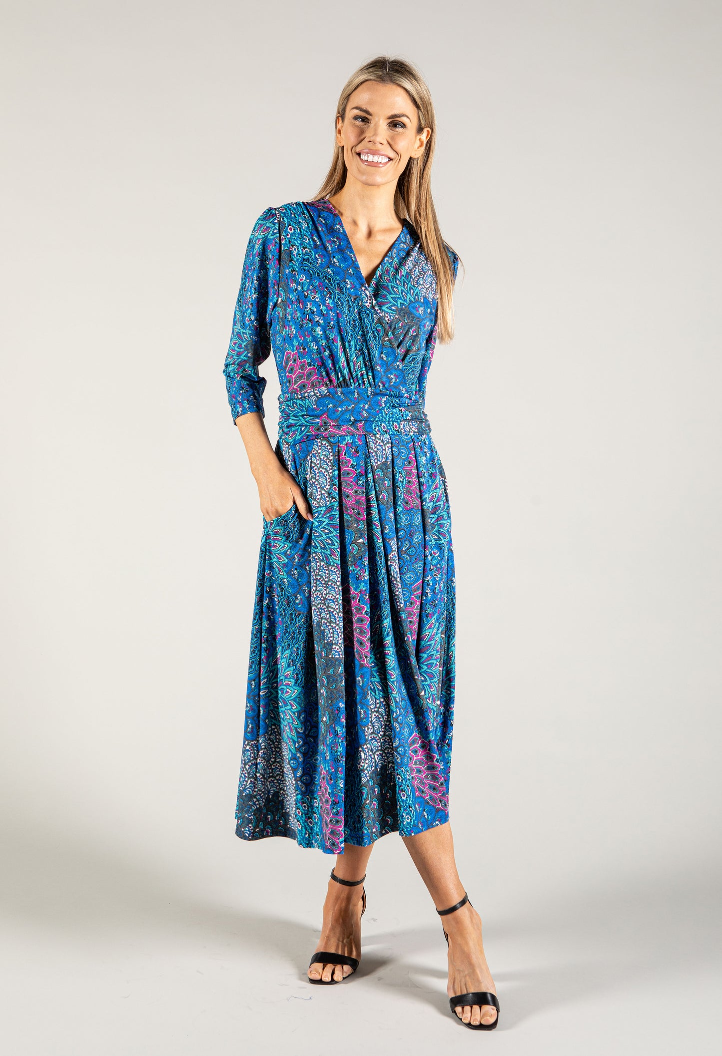 Peacock Print Wrap Bodice Dress