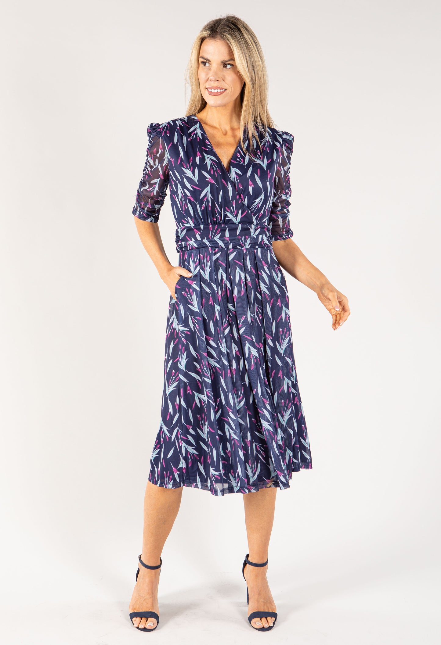 Leaf Print Mesh Wrap Midi Dress