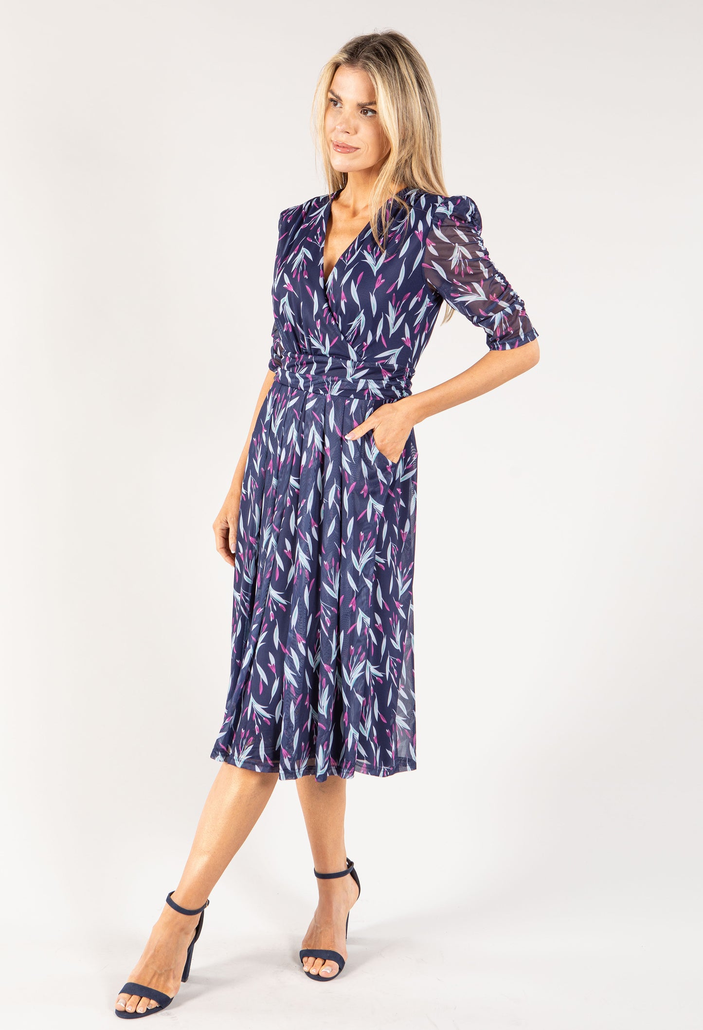 Leaf Print Mesh Wrap Midi Dress