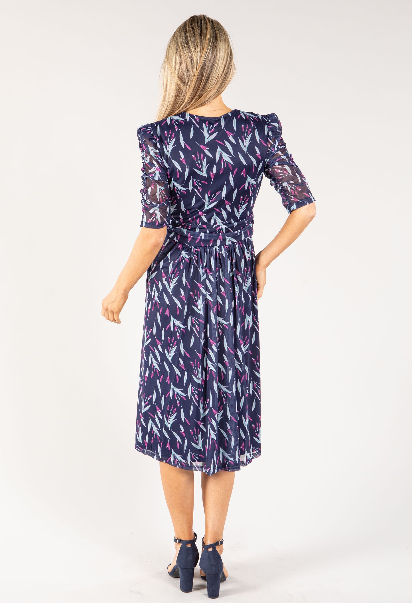 Leaf Print Mesh Wrap Midi Dress