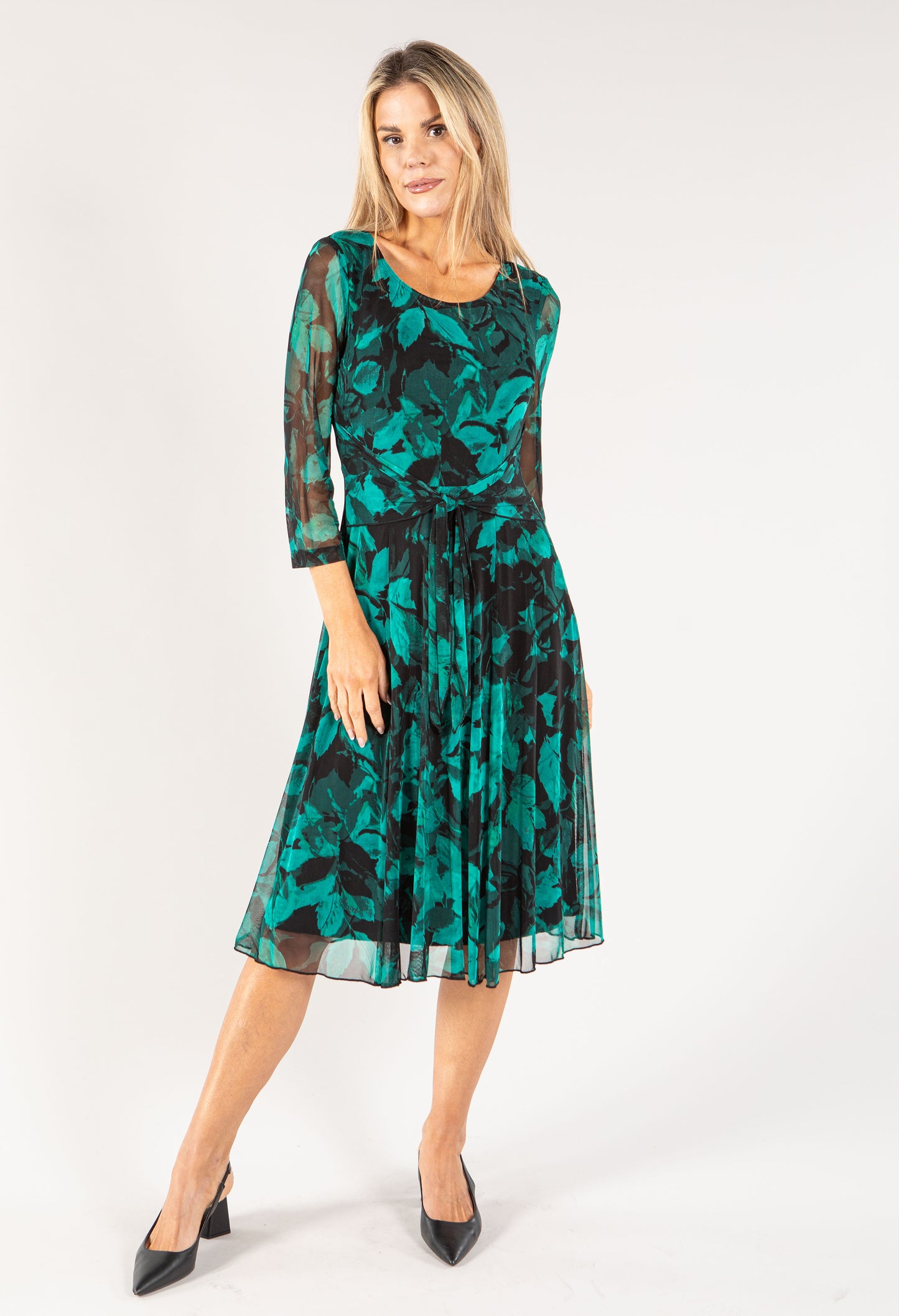 Leaf Print Mesh Tie Front Dress