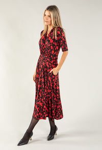 Leaf Print Wrap Bodice Midi Dress