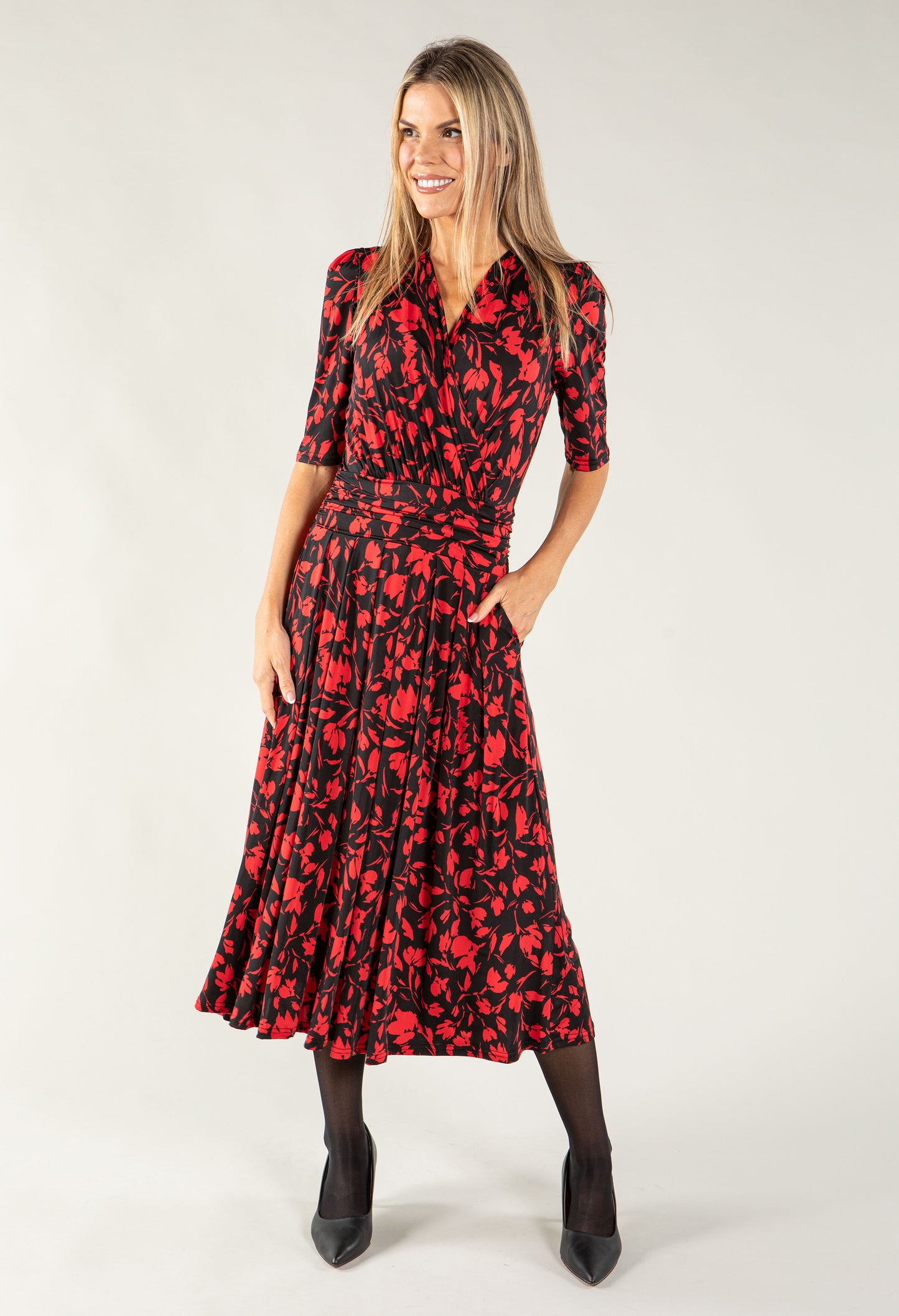 Leaf Print Wrap Bodice Midi Dress