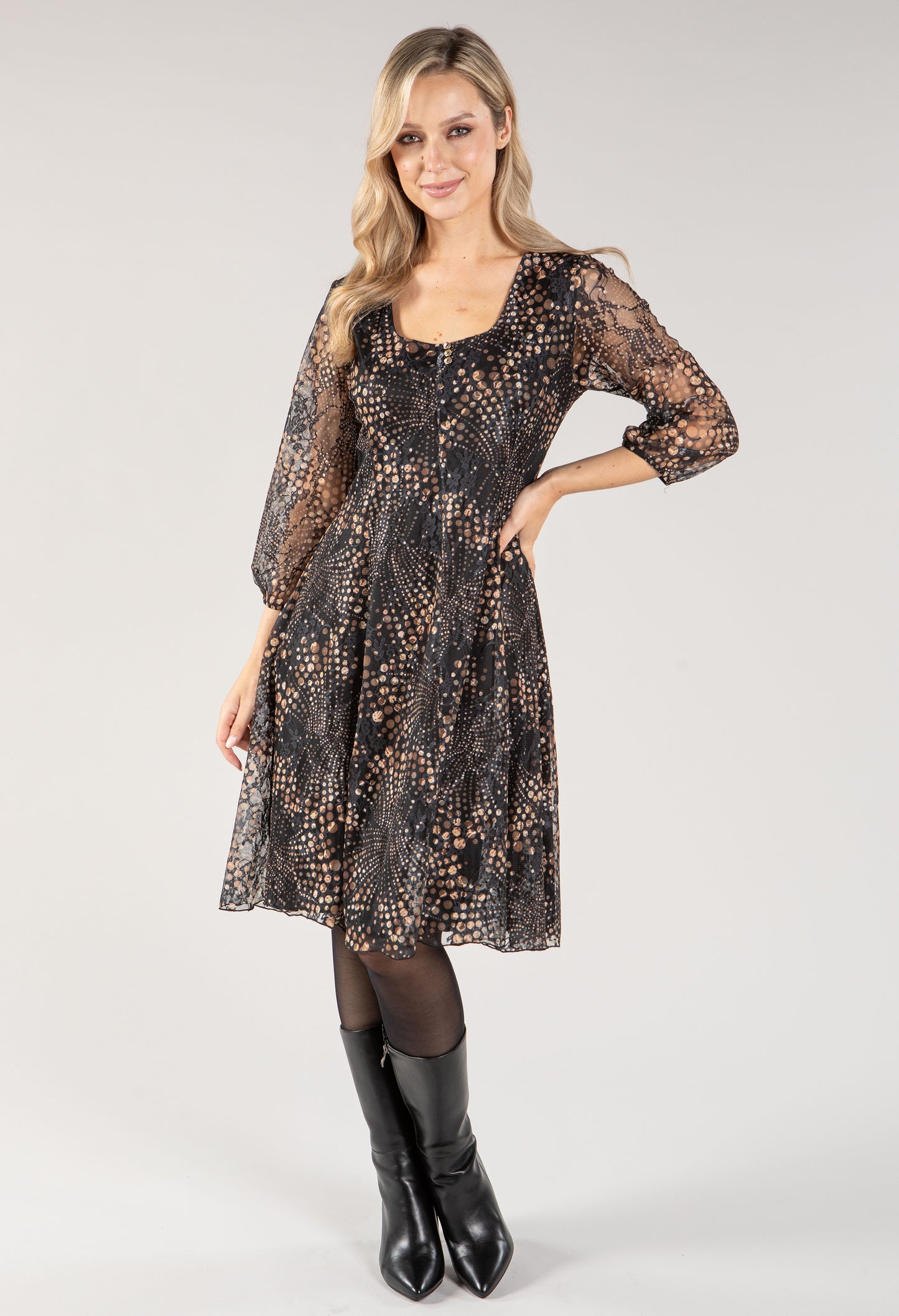 Printed Lace Buttoned Square Neck Dress