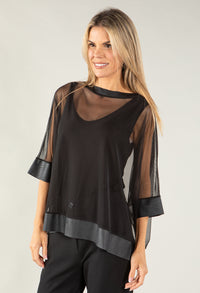 Leather Trim Mesh Top