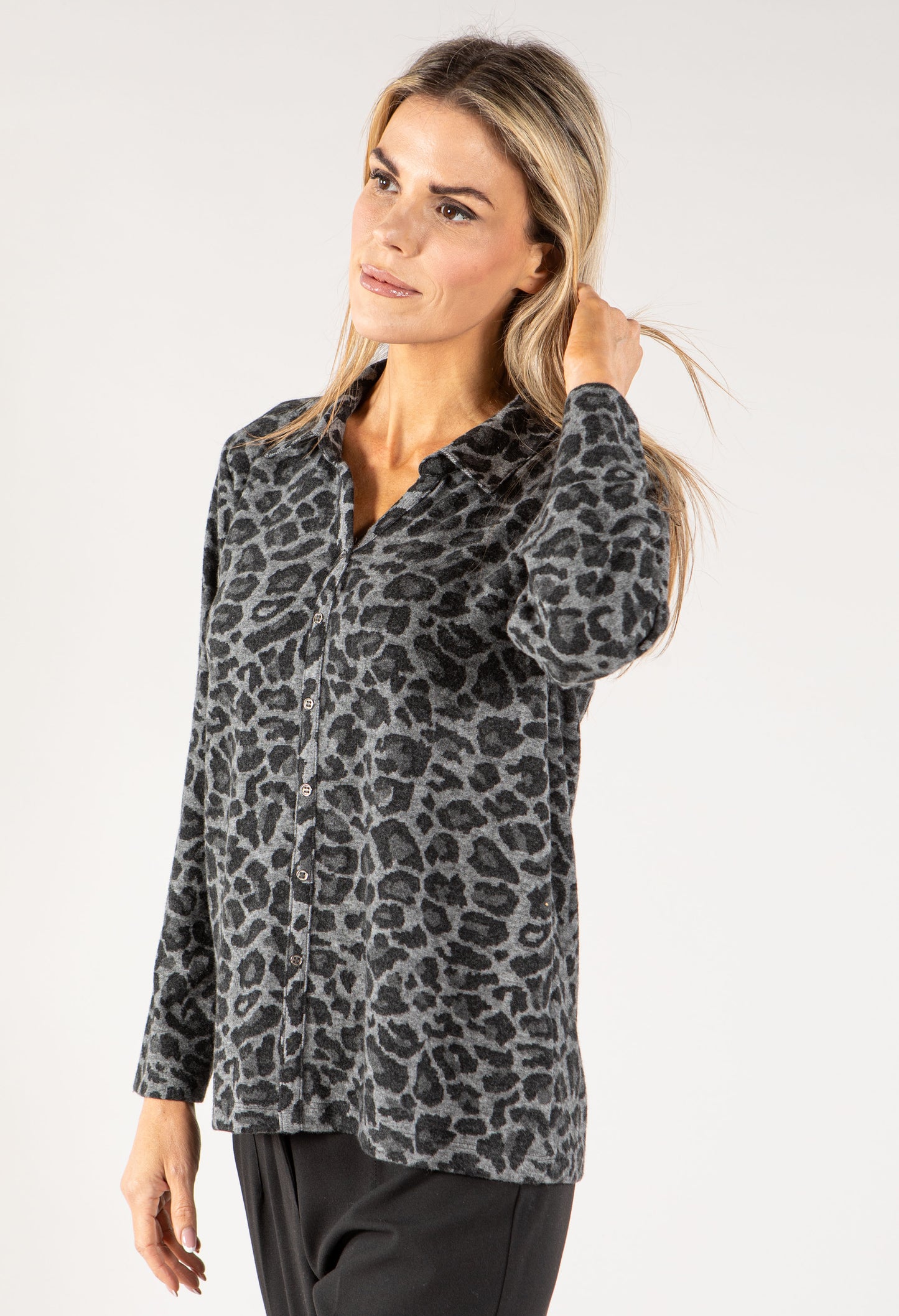 Leo Print Button Down Soft Knit Top