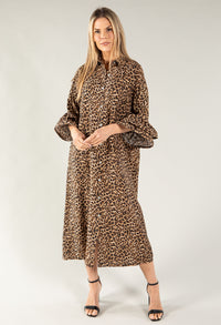 Leopard Print Ruffle Sleeve Shirt Dress