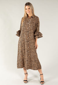 Leopard Print Ruffle Sleeve Shirt Dress