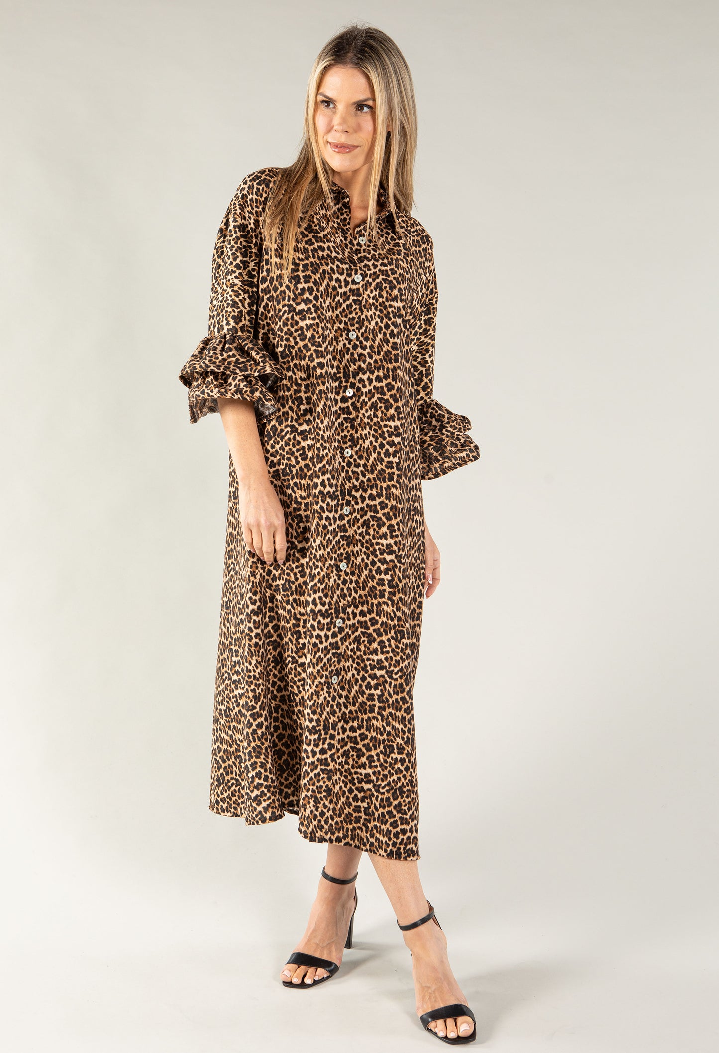 Leopard Print Ruffle Sleeve Shirt Dress